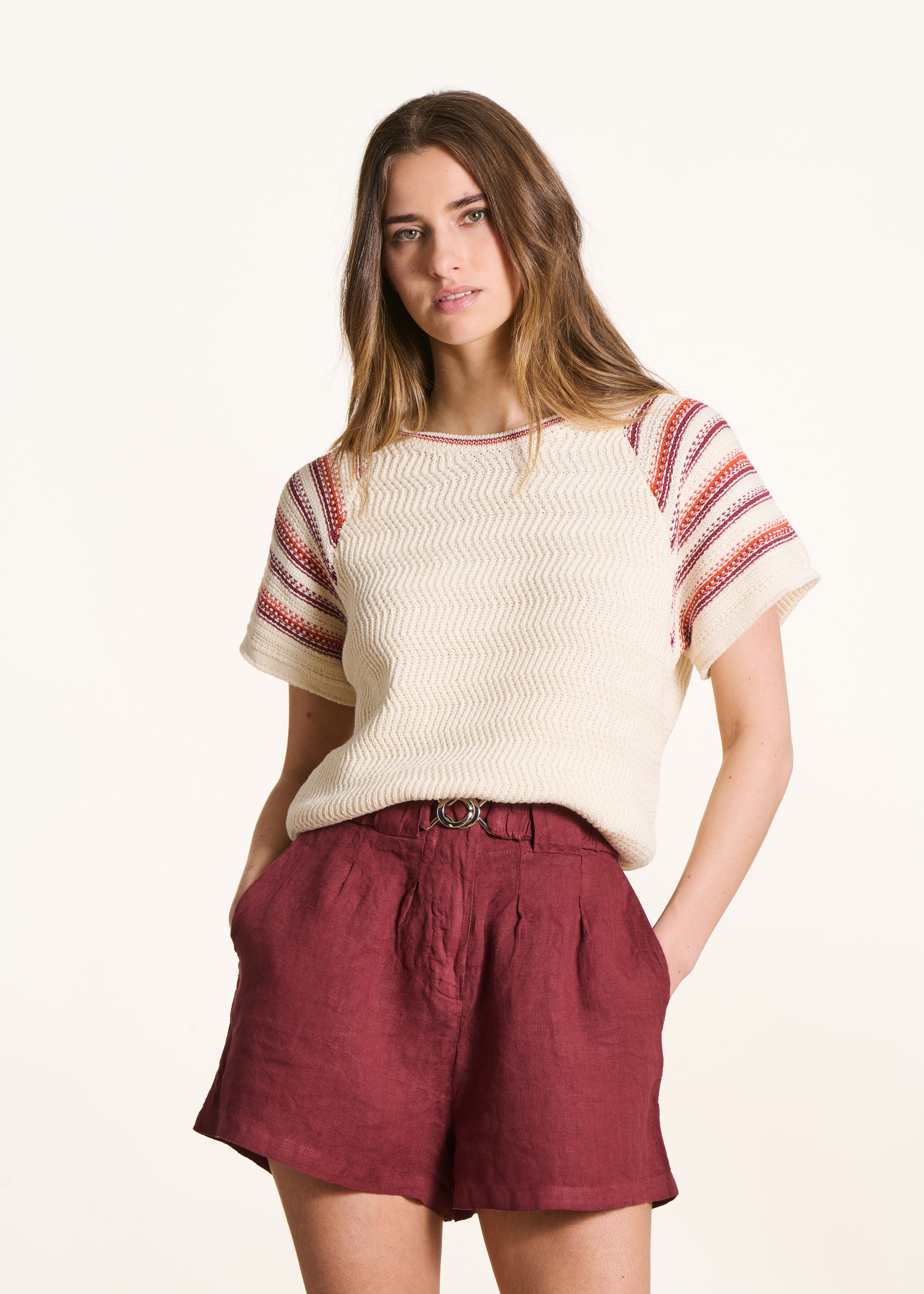 la-f-e-marabout-e-pullover-ecru-kurzarm-gestreift-baumwolle image 1