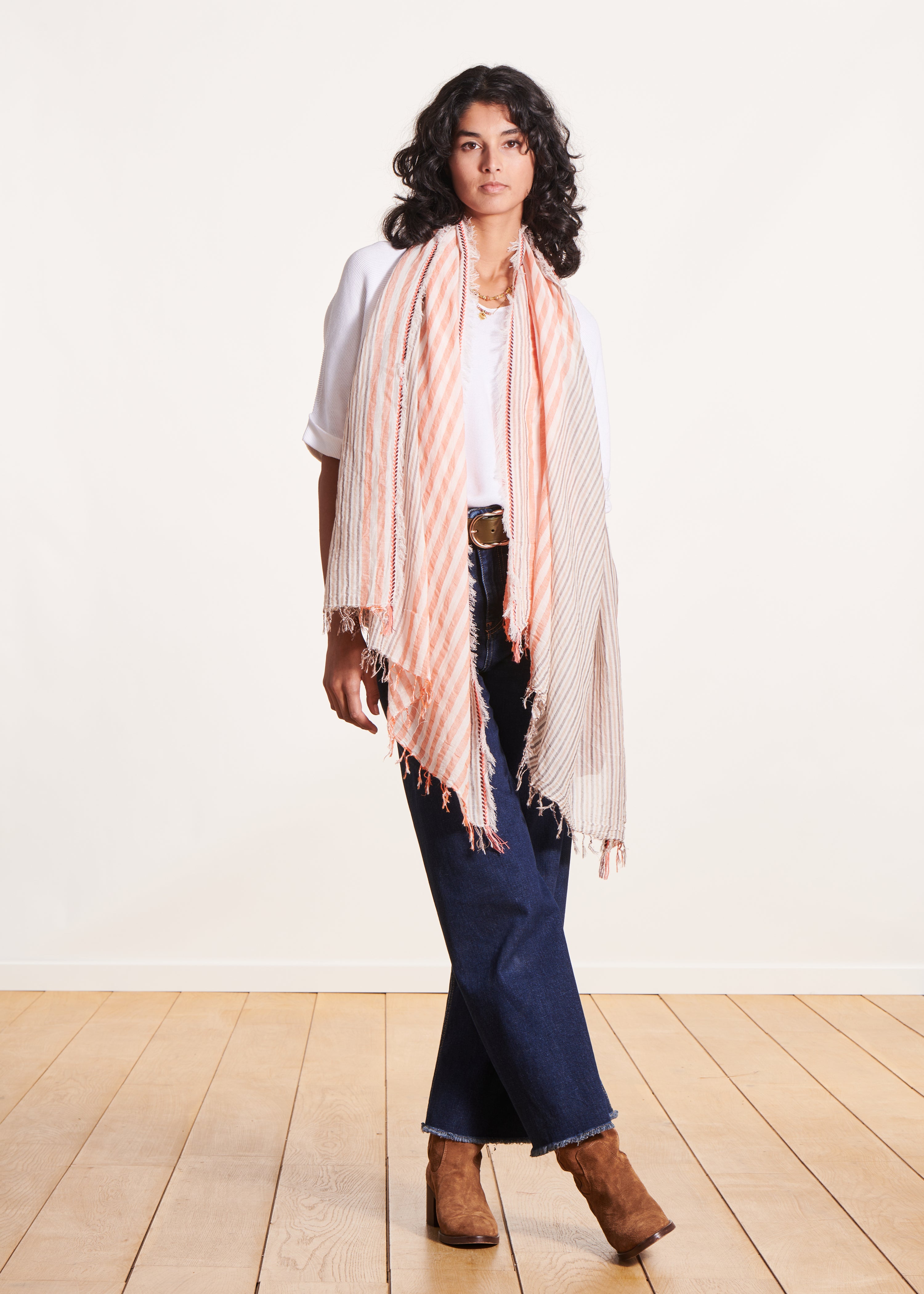 la-f-e-marabout-e-foulard-schal-koralle-kaki-gestreift image 2