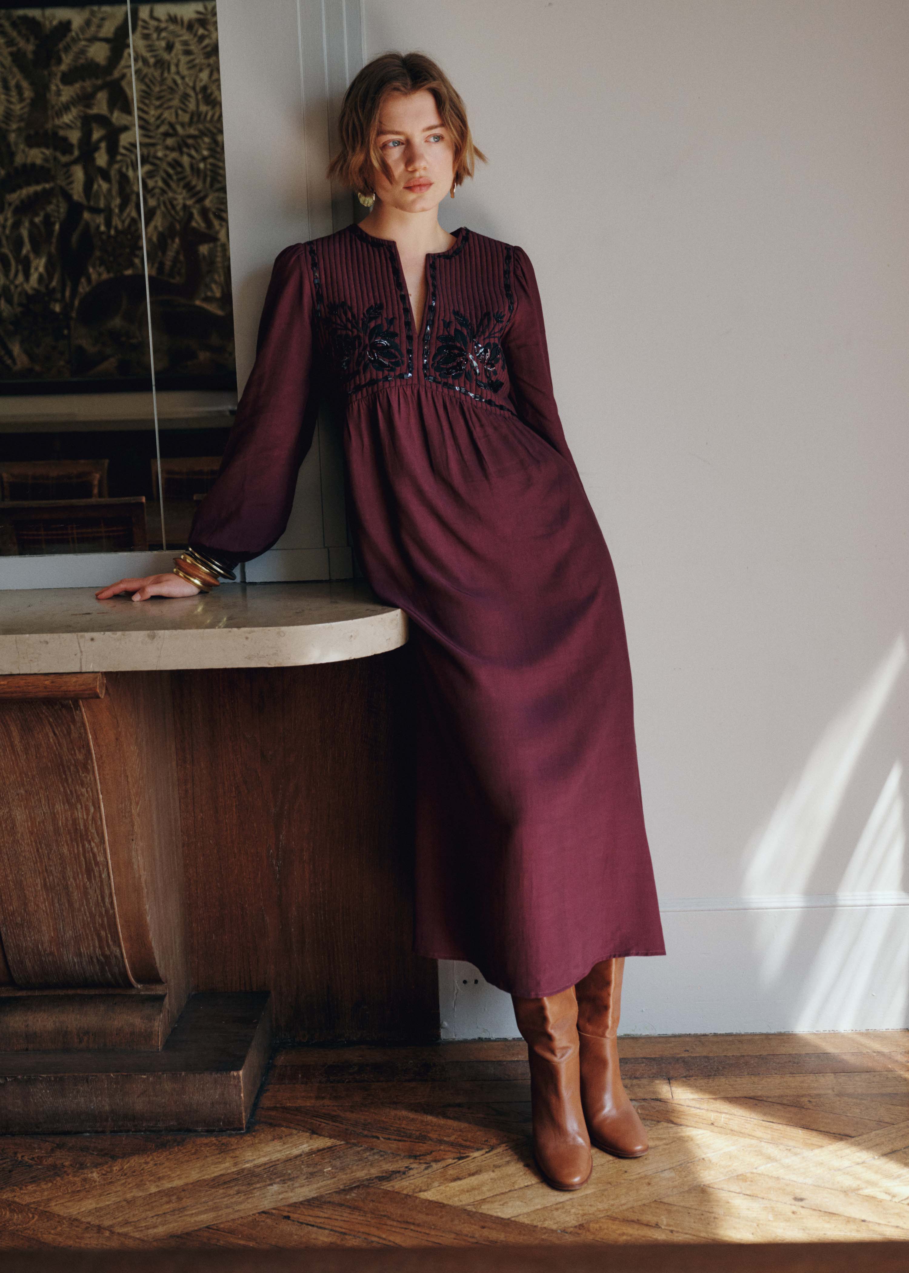 la-f-e-marabout-e-garabi-maxikleid-bordeaux-schwarz-v-ausschnitt image 1