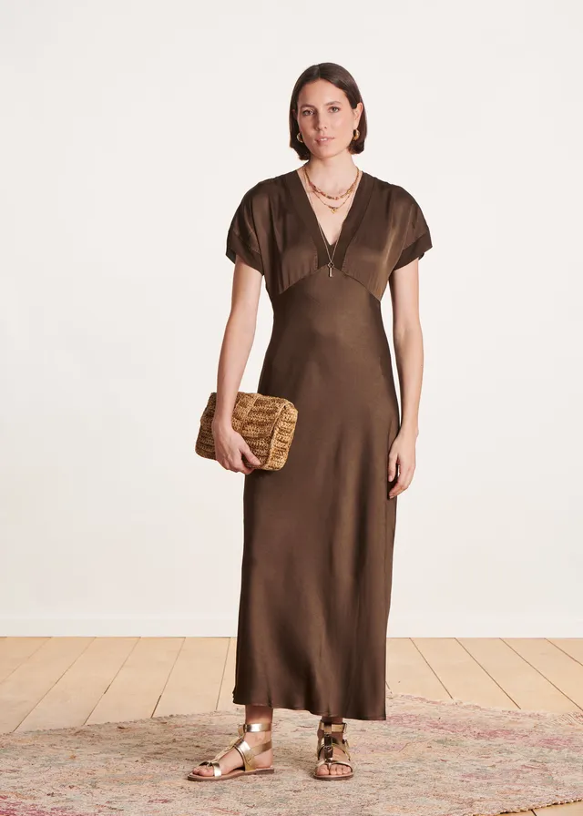 la-f-e-marabout-e-dalicia-maxikleid-satin-braun-v-ausschnitt image 1