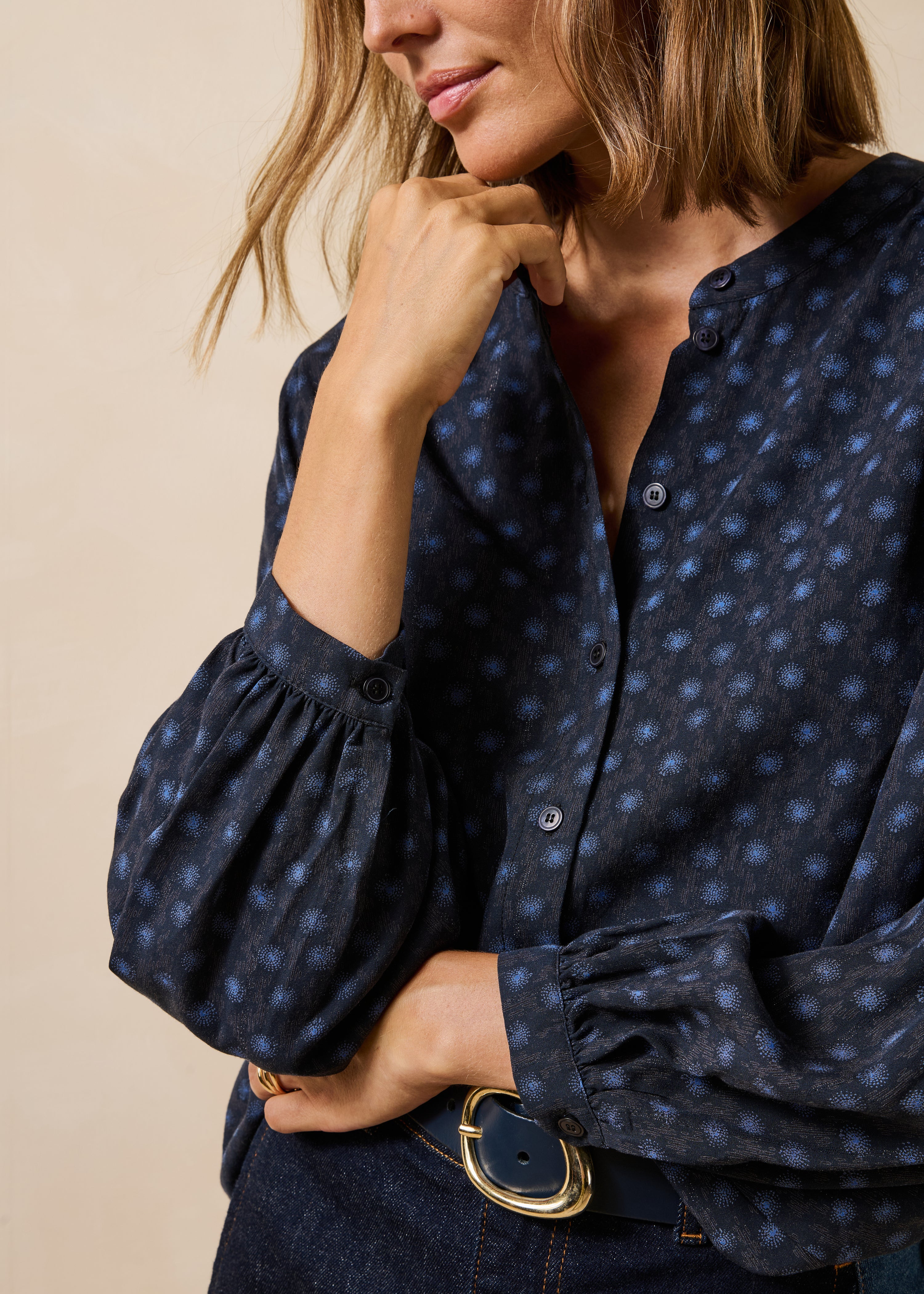 la-f-e-marabout-e-fowina-bluse-blau-gemustert-mao-kragen image 5