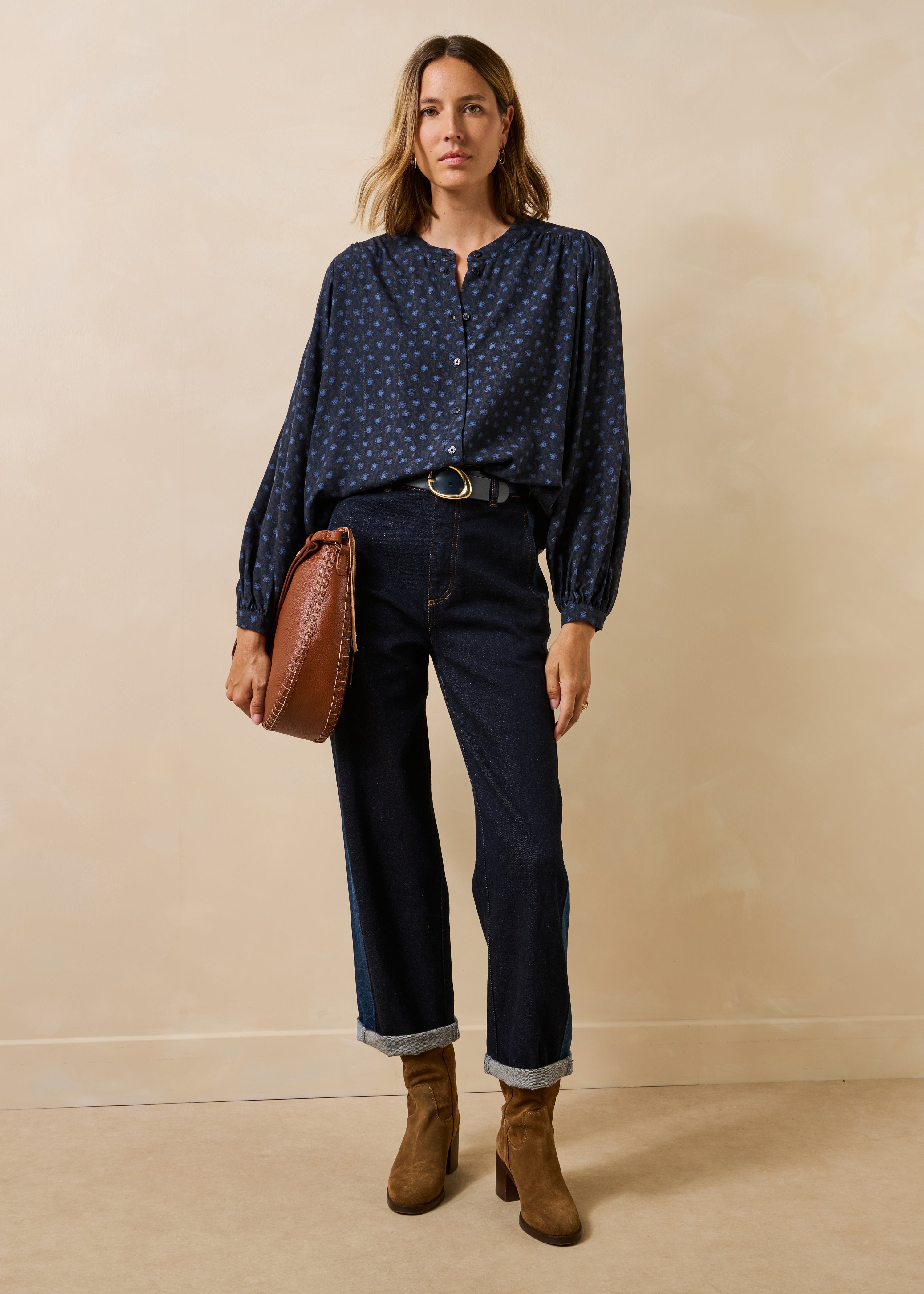la-f-e-marabout-e-fowina-bluse-blau-gemustert-mao-kragen image 2