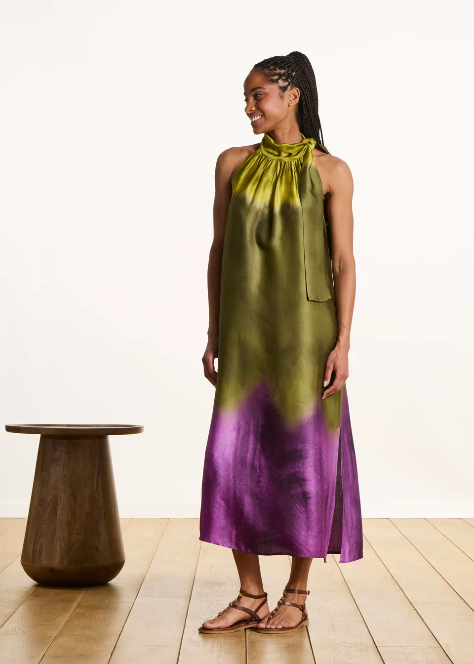 la-f-e-marabout-e-filoni-maxikleid-satin-gr-n-tie-dye-schlitz image 1