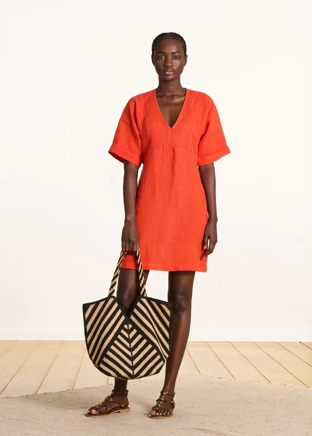 la-f-e-marabout-e-flavie-kleid-orange-leinen-v-ausschnitt image 1