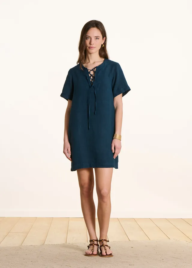 la-f-e-marabout-e-kleid-petrol-kurz-leinen-taschen-gr-34-46 image 1