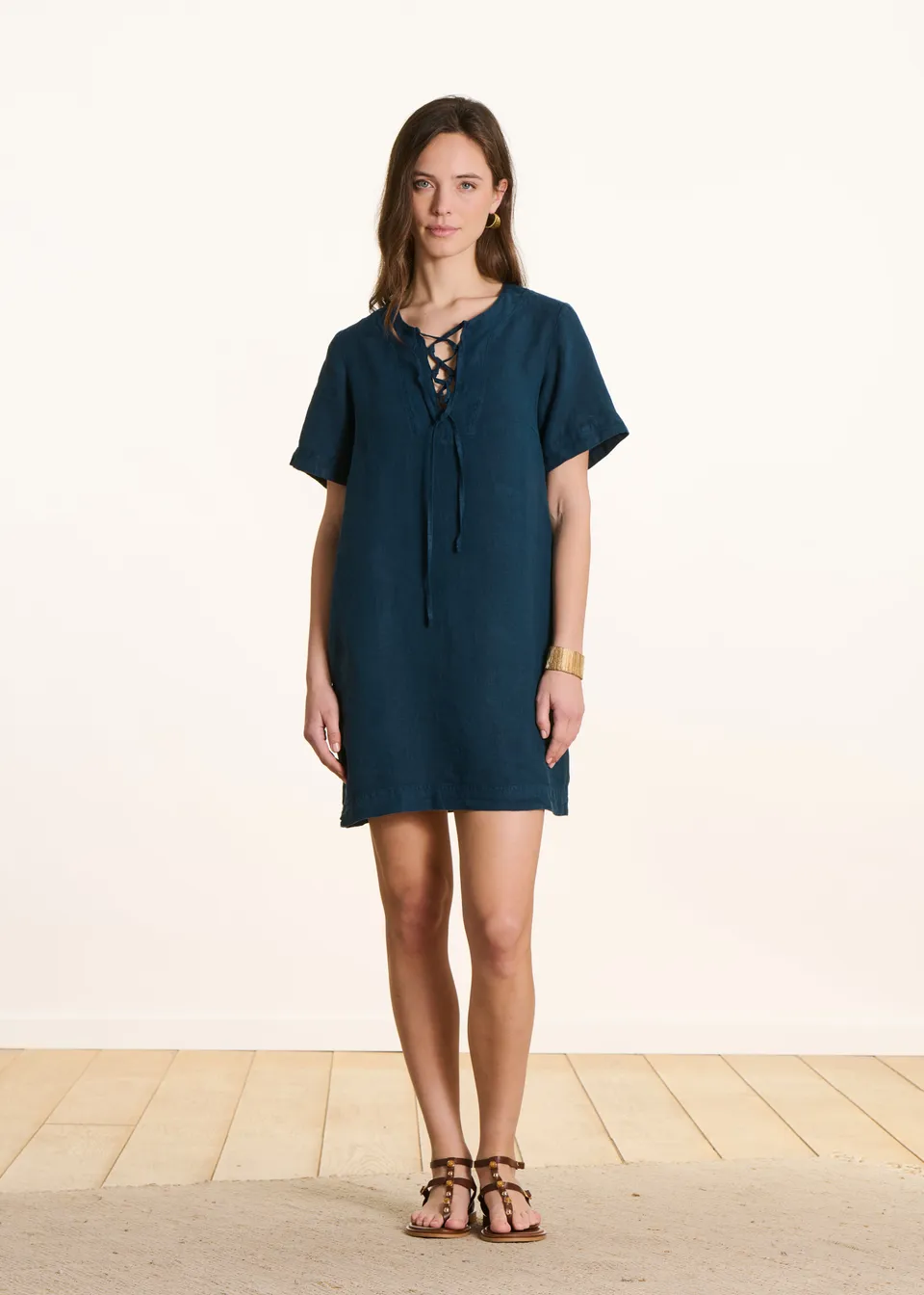la-f-e-marabout-e-kleid-petrol-kurz-leinen-taschen-gr-34-46 image 1