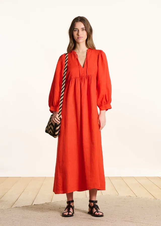 la-f-e-marabout-e-leinen-maxikleid-orange-langarm image 1