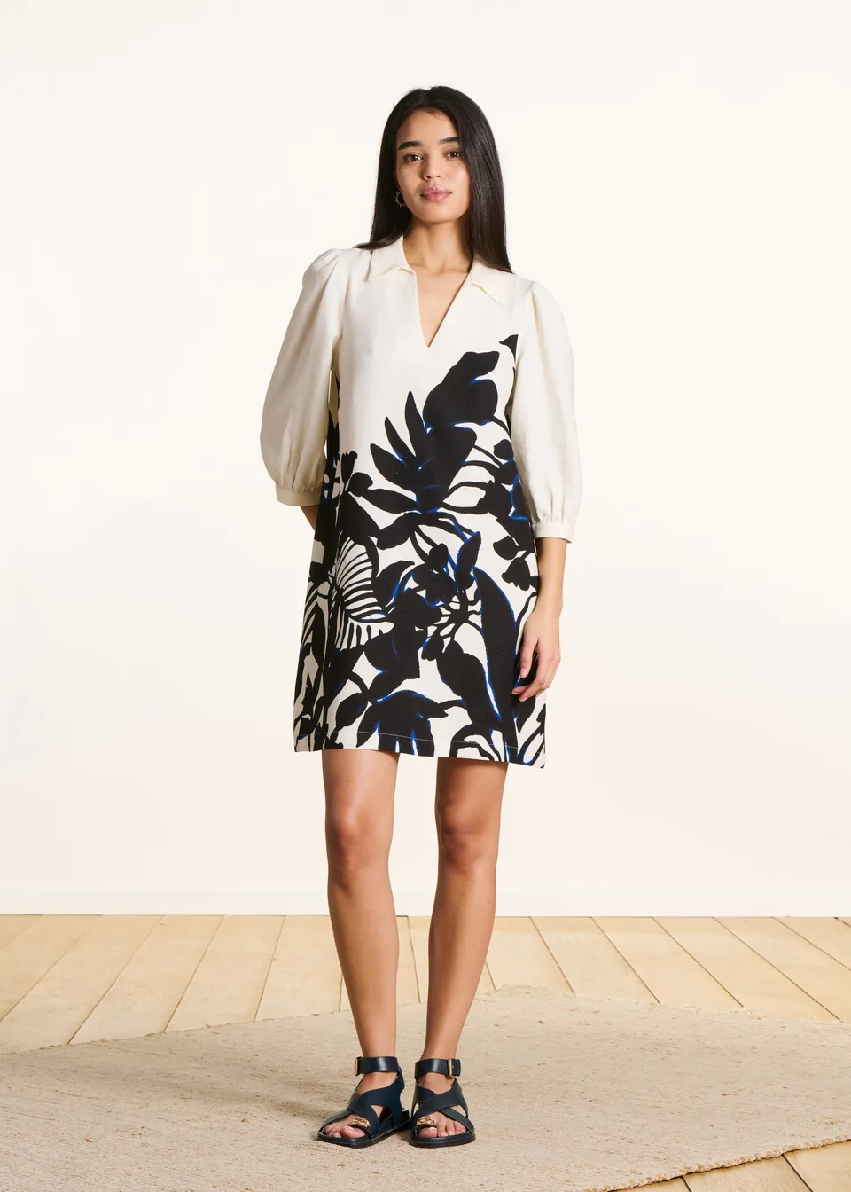la-f-e-marabout-e-minikleid-ecru-schwarz-floral-viskose image 1