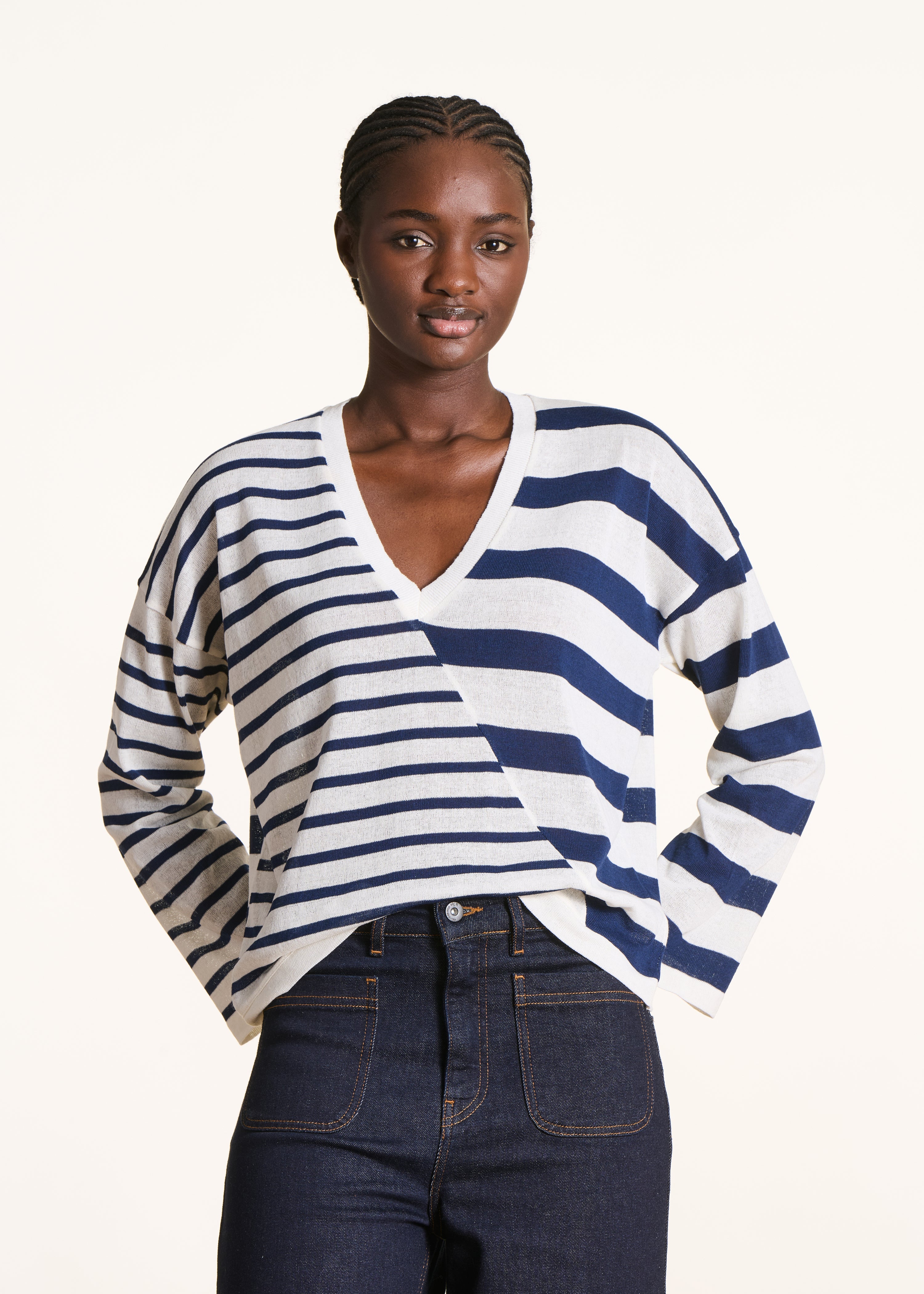 la-f-e-marabout-e-pulls-pullover-ecru-blau-gestreift-v-ausschnitt image 1