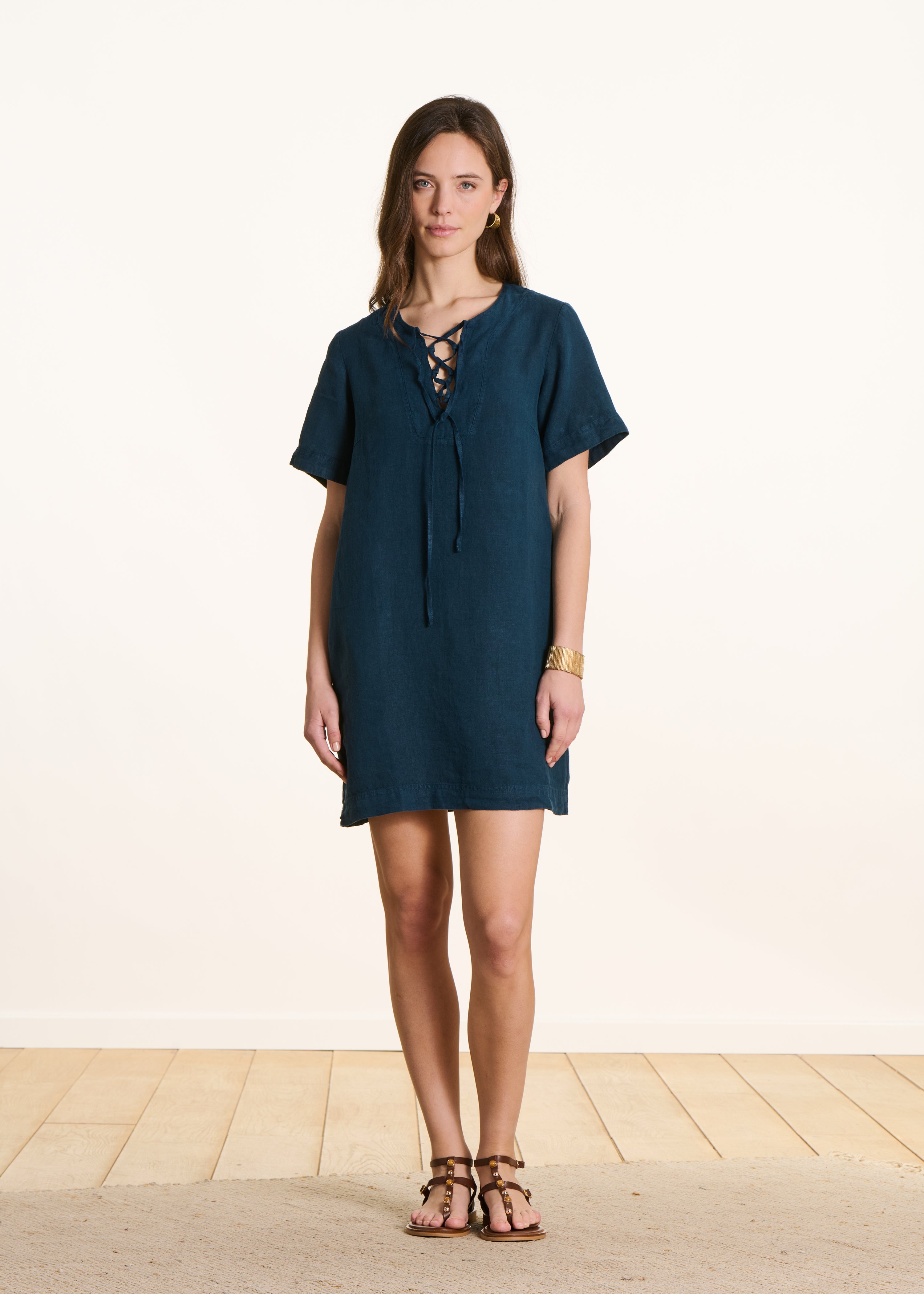la-f-e-marabout-e-kleid-petrol-kurz-leinen-taschen-gr-34-46 image 1