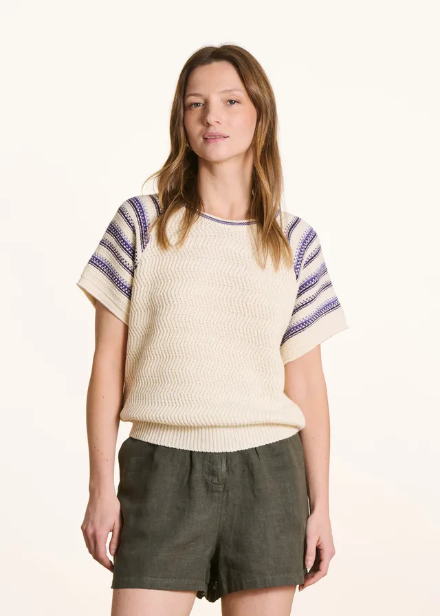 la-f-e-marabout-e-pullover-ecru-violett-gestreift-kurzarm image 1