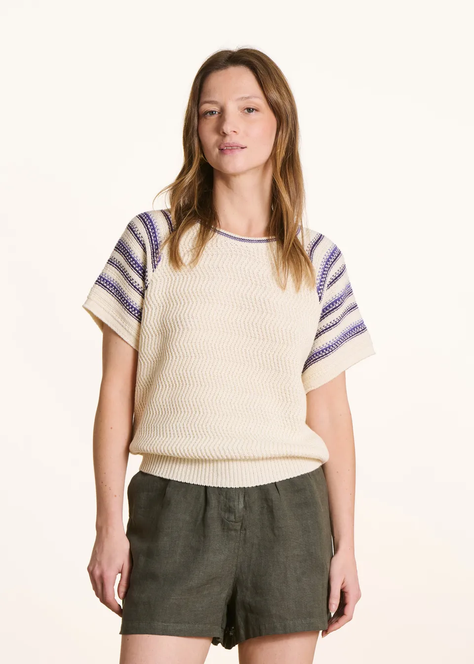 la-f-e-marabout-e-pullover-ecru-violett-gestreift-kurzarm image 1