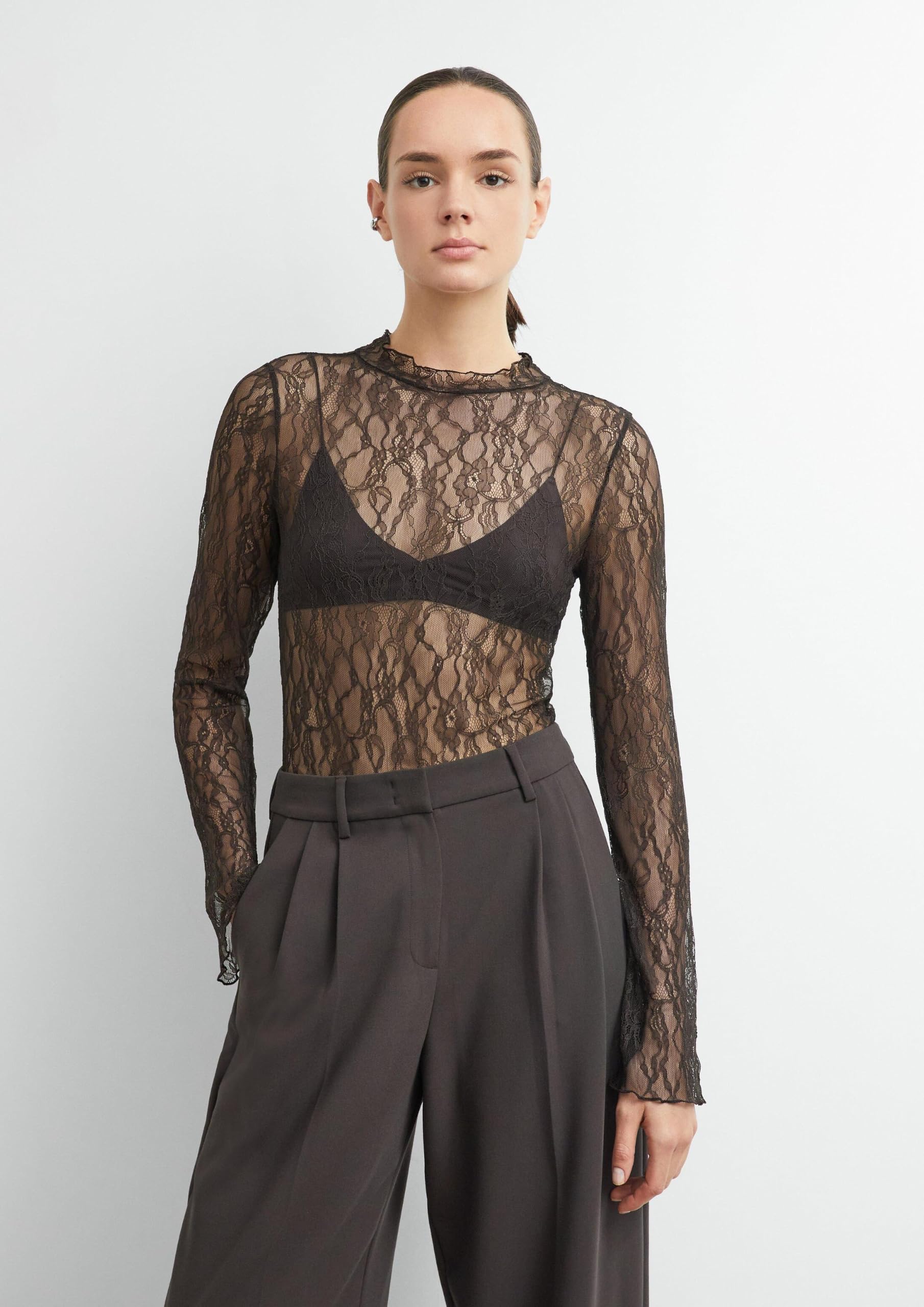 comma-langarm-shirt-slim-fit-rollkragen-dunkelbraun-spitze image 6