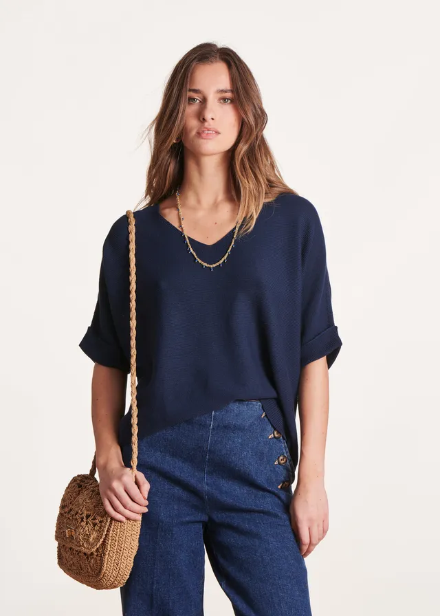 la-f-e-marabout-e-pulls-gilets-pullover-marine-v-ausschnitt-kurzarm image 1