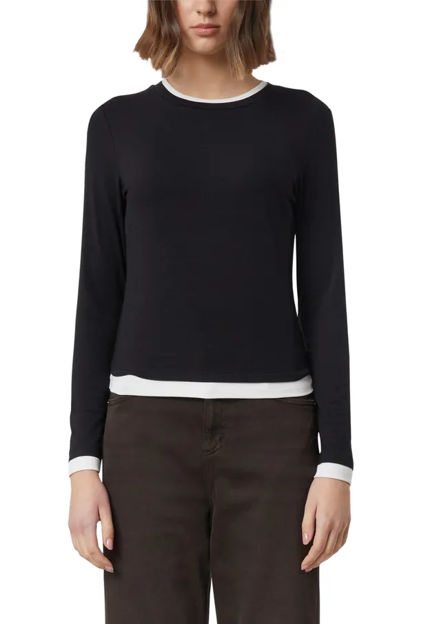 comma-langarm-shirt-viskose-rundhals-grey-black-slim-fit image 1