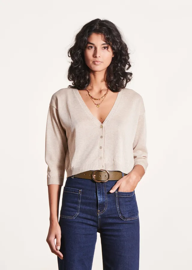 la-f-e-marabout-e-gilet-kurz-beige-v-ausschnitt-glitzerstrick image 1