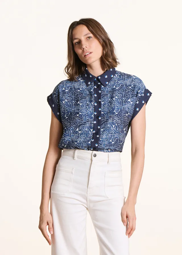 la-f-e-marabout-e-felico-bluse-blau-patchwork-kurzarm image 1