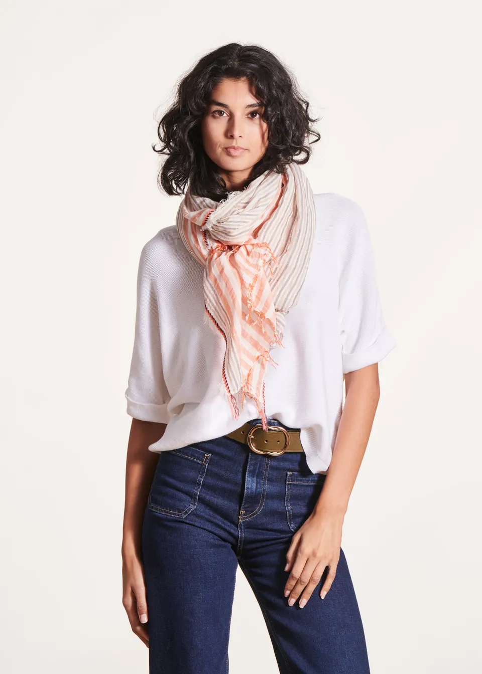 la-f-e-marabout-e-foulard-schal-koralle-kaki-gestreift image 1