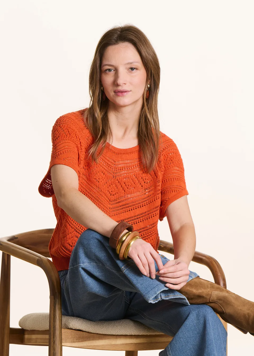 la-f-e-marabout-e-filia-pullover-kurzarm-orange-lochstrick image 1