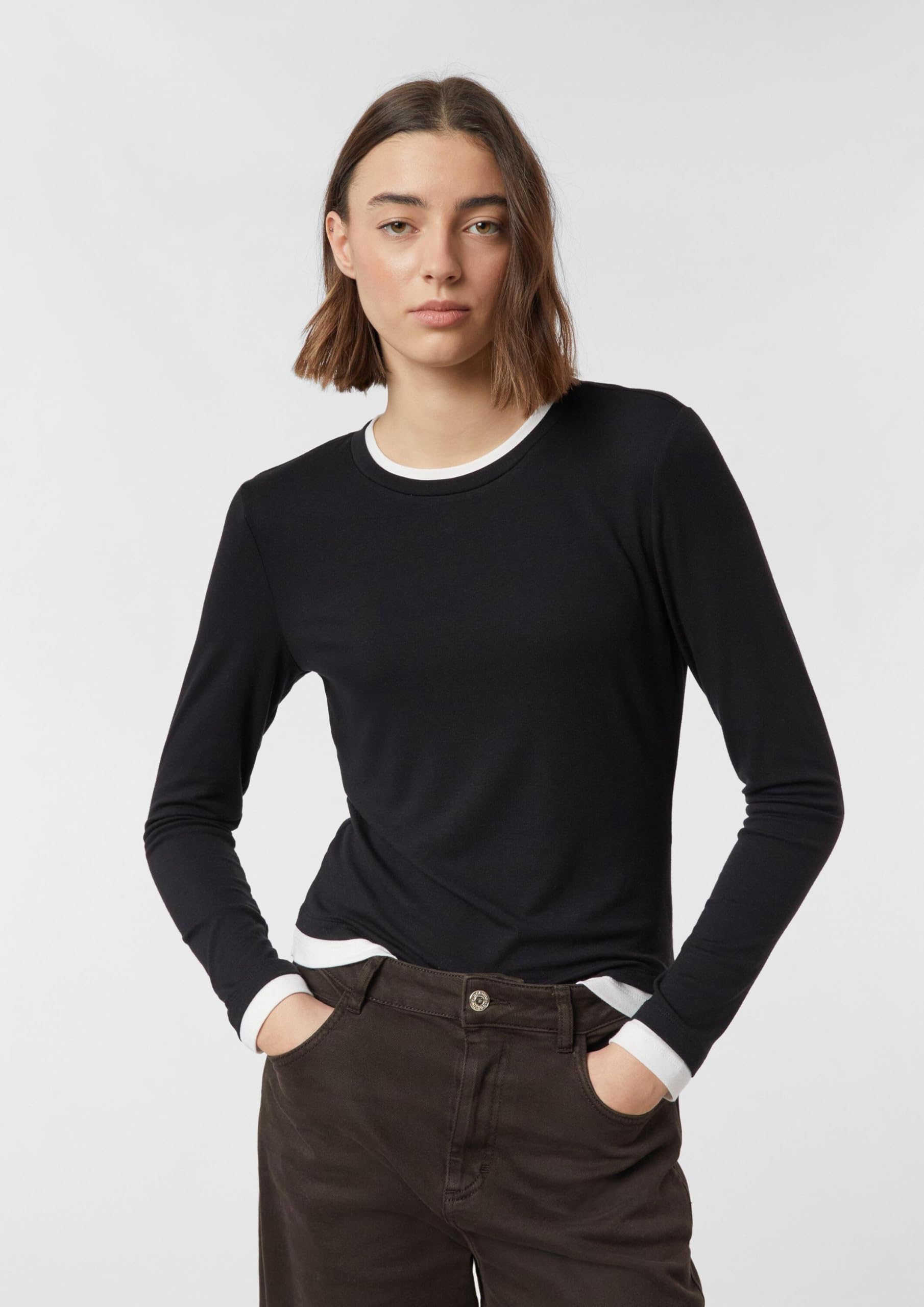 comma-langarm-shirt-viskose-rundhals-grey-black-slim-fit image 5