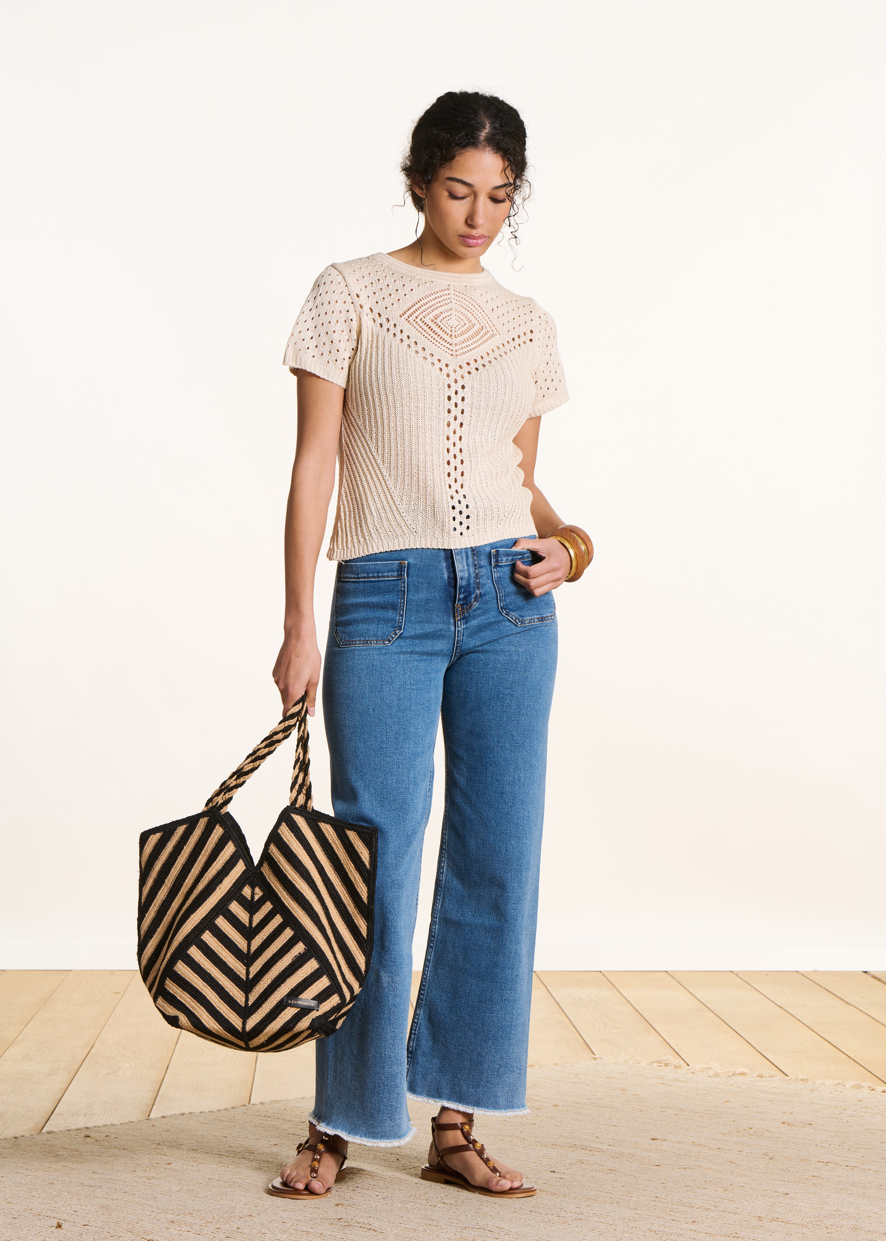 la-f-e-marabout-e-pulls-gilets-pull-ecru-lochstrick-kurzarm image 2