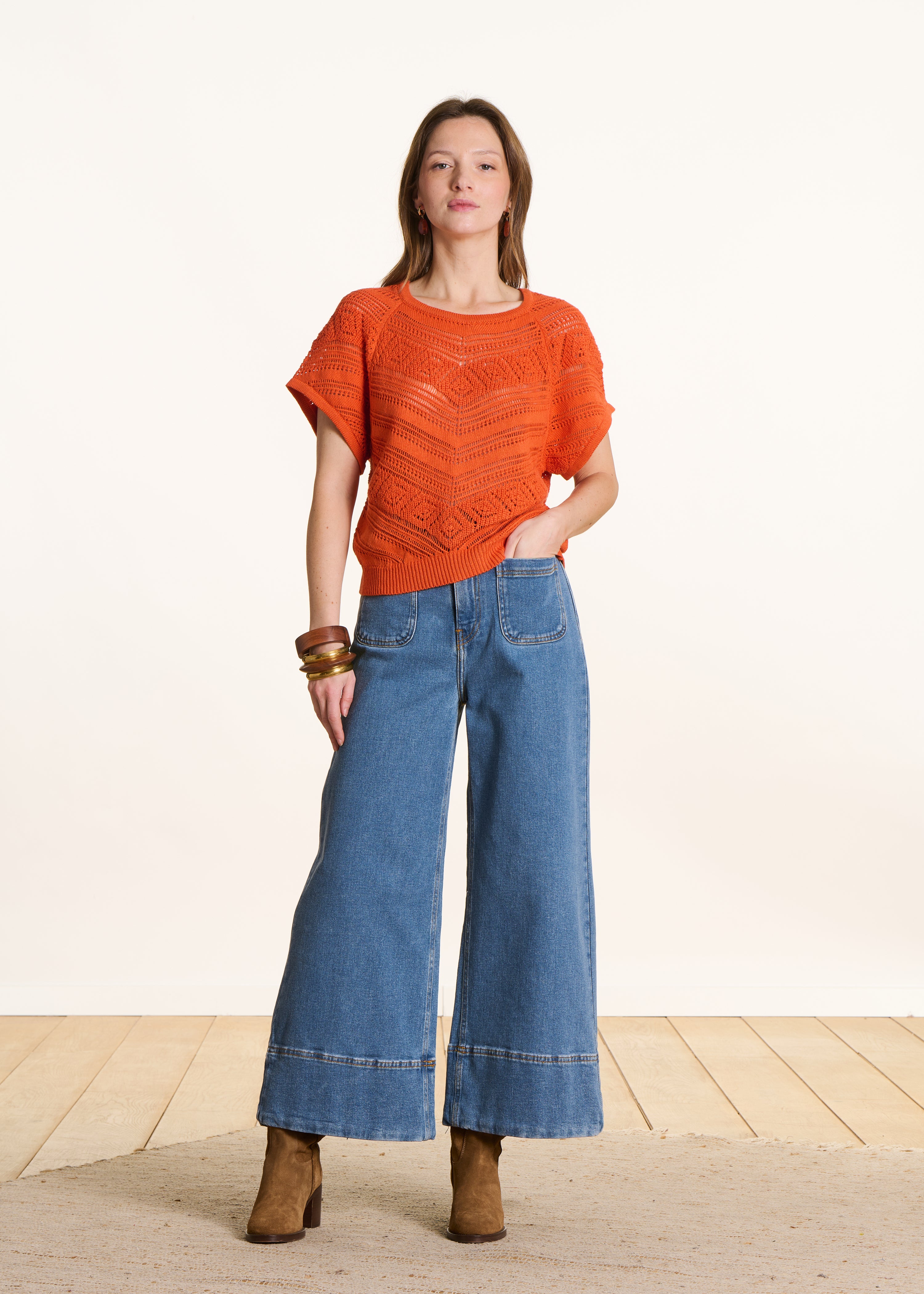 la-f-e-marabout-e-filia-pullover-kurzarm-orange-lochstrick image 2