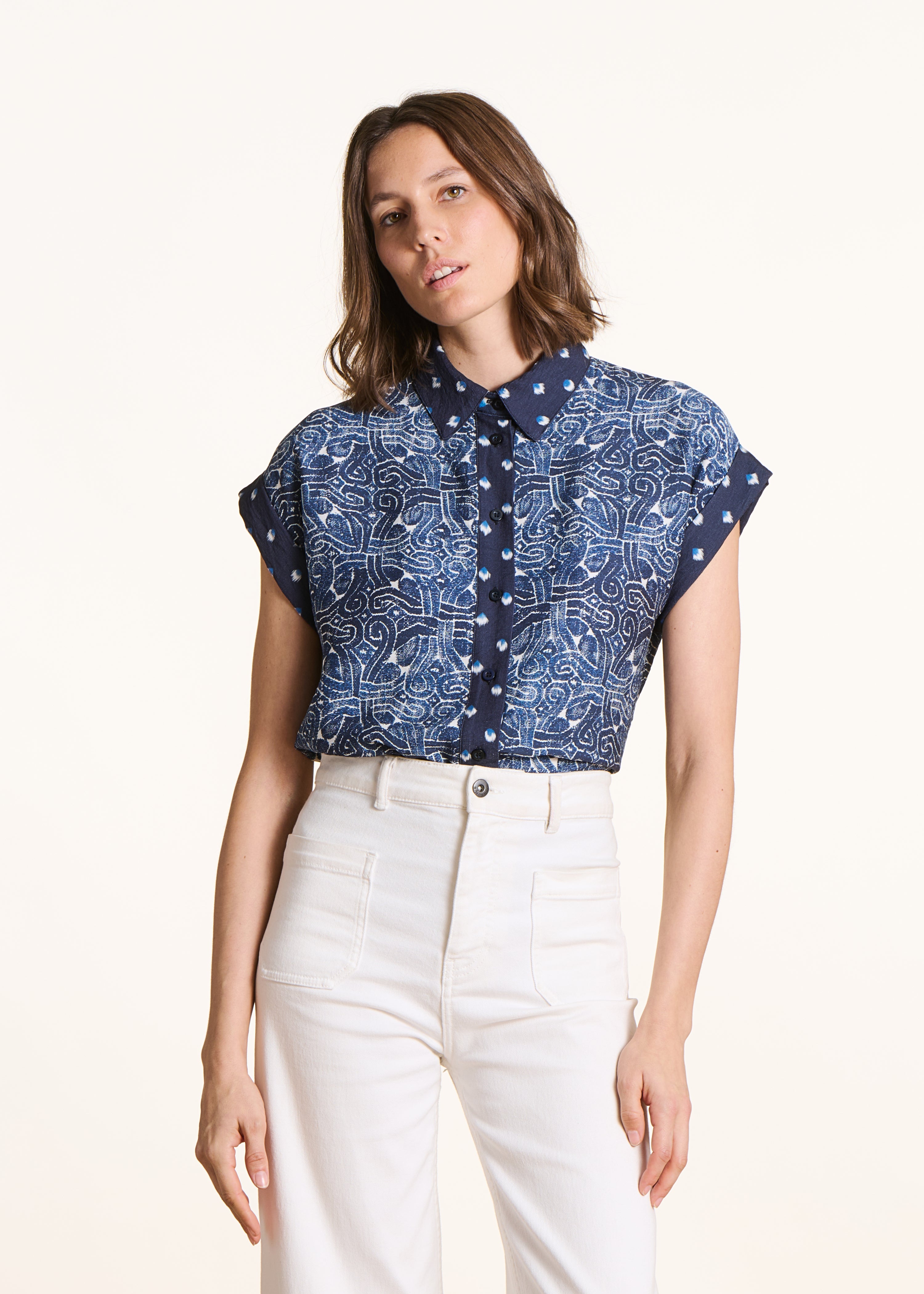 la-f-e-marabout-e-felico-bluse-blau-patchwork-kurzarm image 1