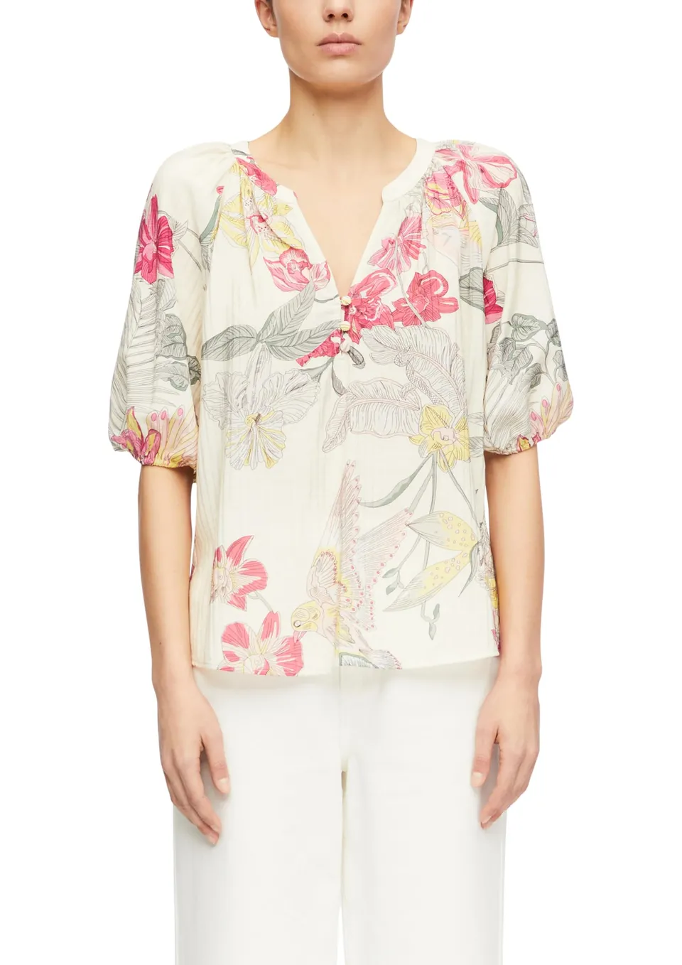 comma-bluse-tunika-ausschnitt-gr-46-beige-kurzarm image 1