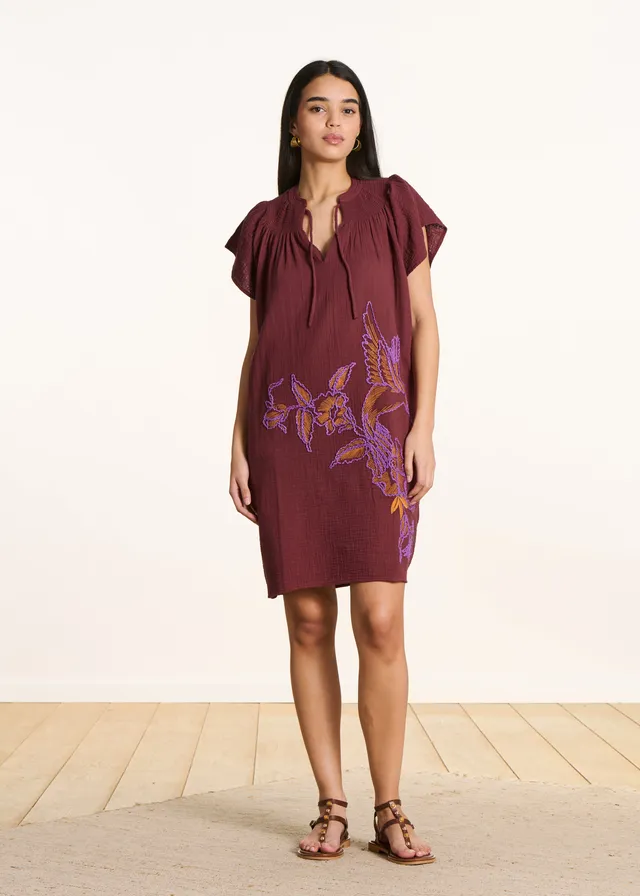 la-f-e-marabout-e-fulo-kurzes-kleid-baumwollgaze-braun-stickerei image 1