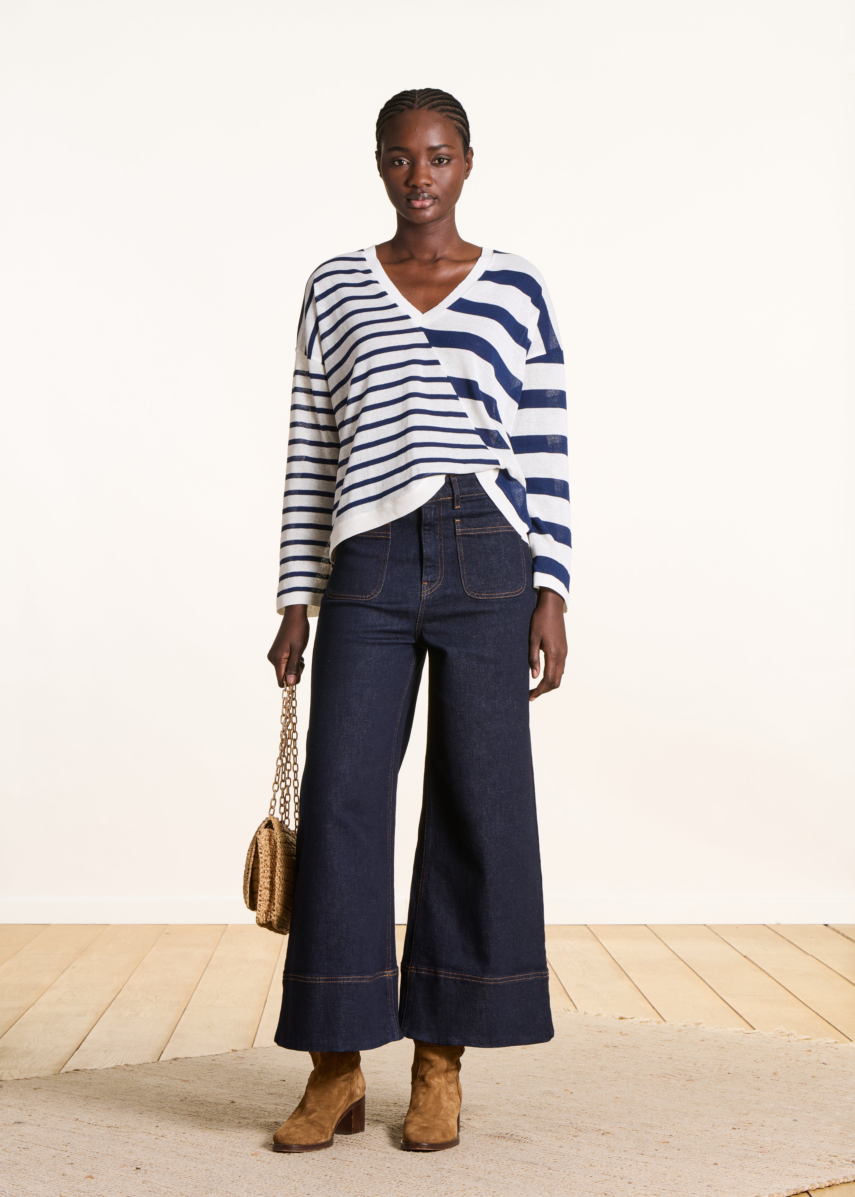 la-f-e-marabout-e-pulls-pullover-ecru-blau-gestreift-v-ausschnitt image 2