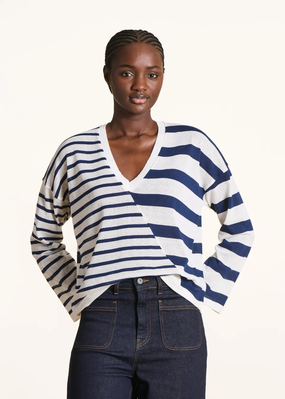 la-f-e-marabout-e-pulls-pullover-ecru-blau-gestreift-v-ausschnitt image 1