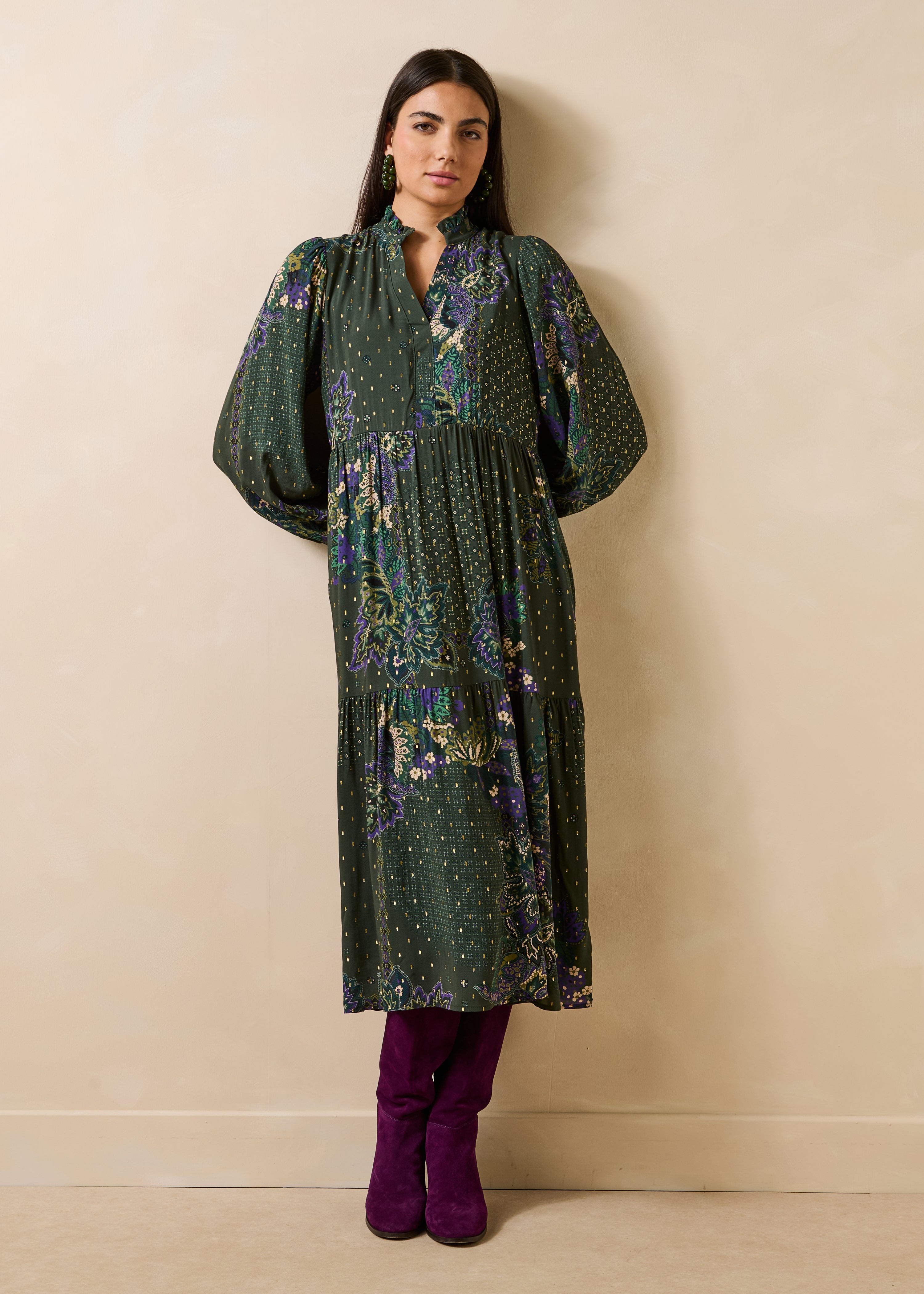 la-f-e-marabout-e-gauffra-kleid-gr-n-lang-gemustert image 1
