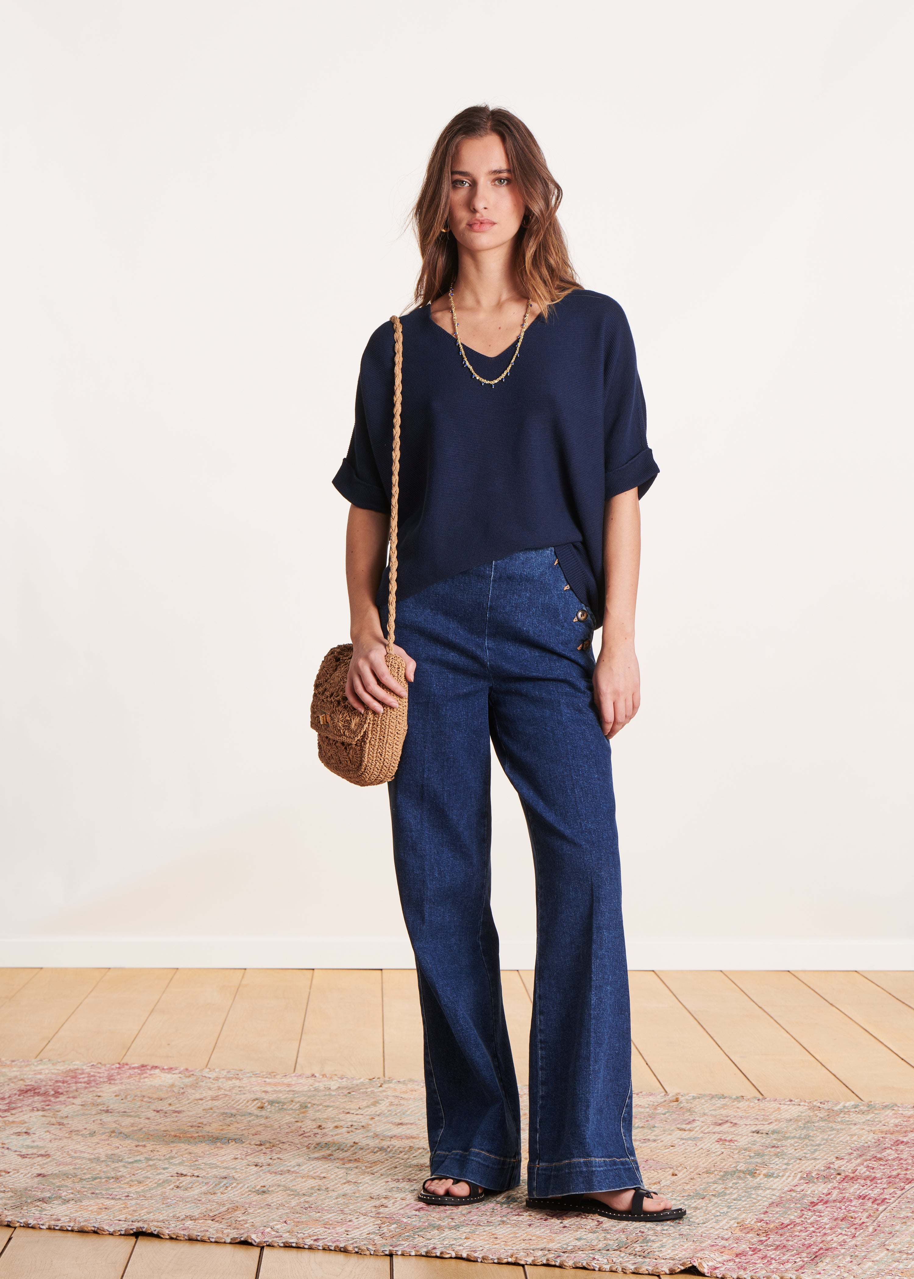 la-f-e-marabout-e-pulls-gilets-pullover-marine-v-ausschnitt-kurzarm image 2