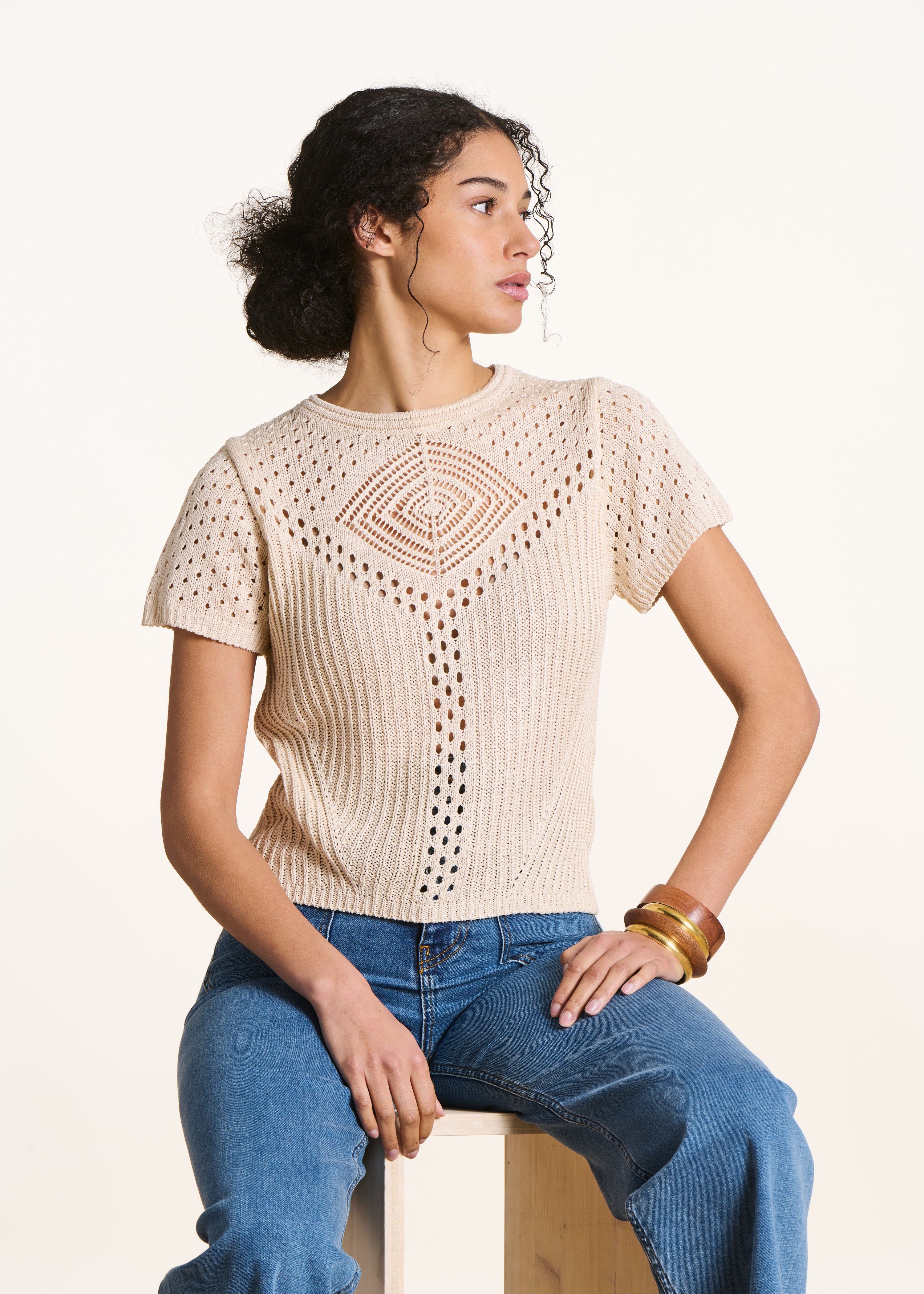 la-f-e-marabout-e-pulls-gilets-pull-ecru-lochstrick-kurzarm image 5