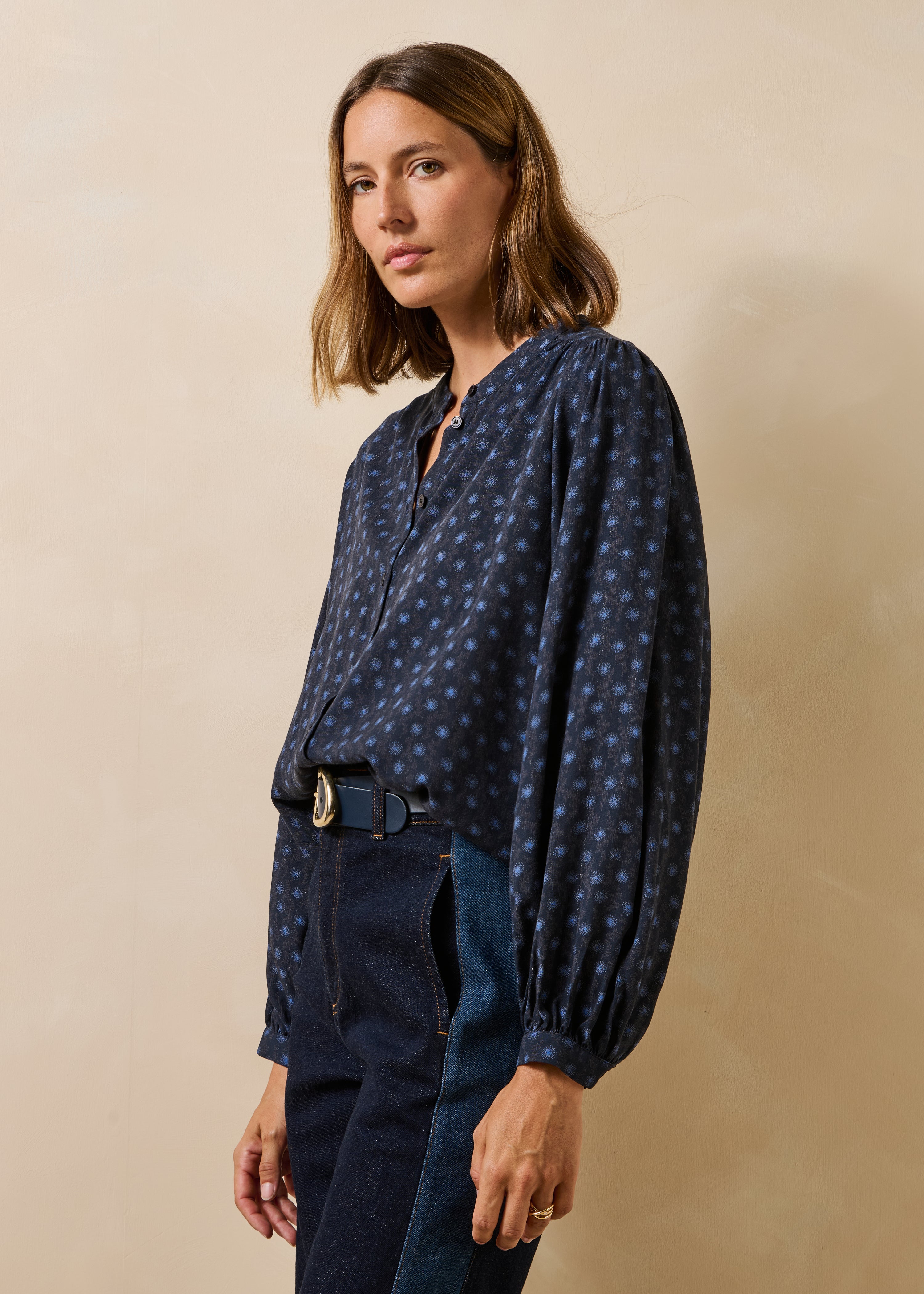 la-f-e-marabout-e-fowina-bluse-blau-gemustert-mao-kragen image 1