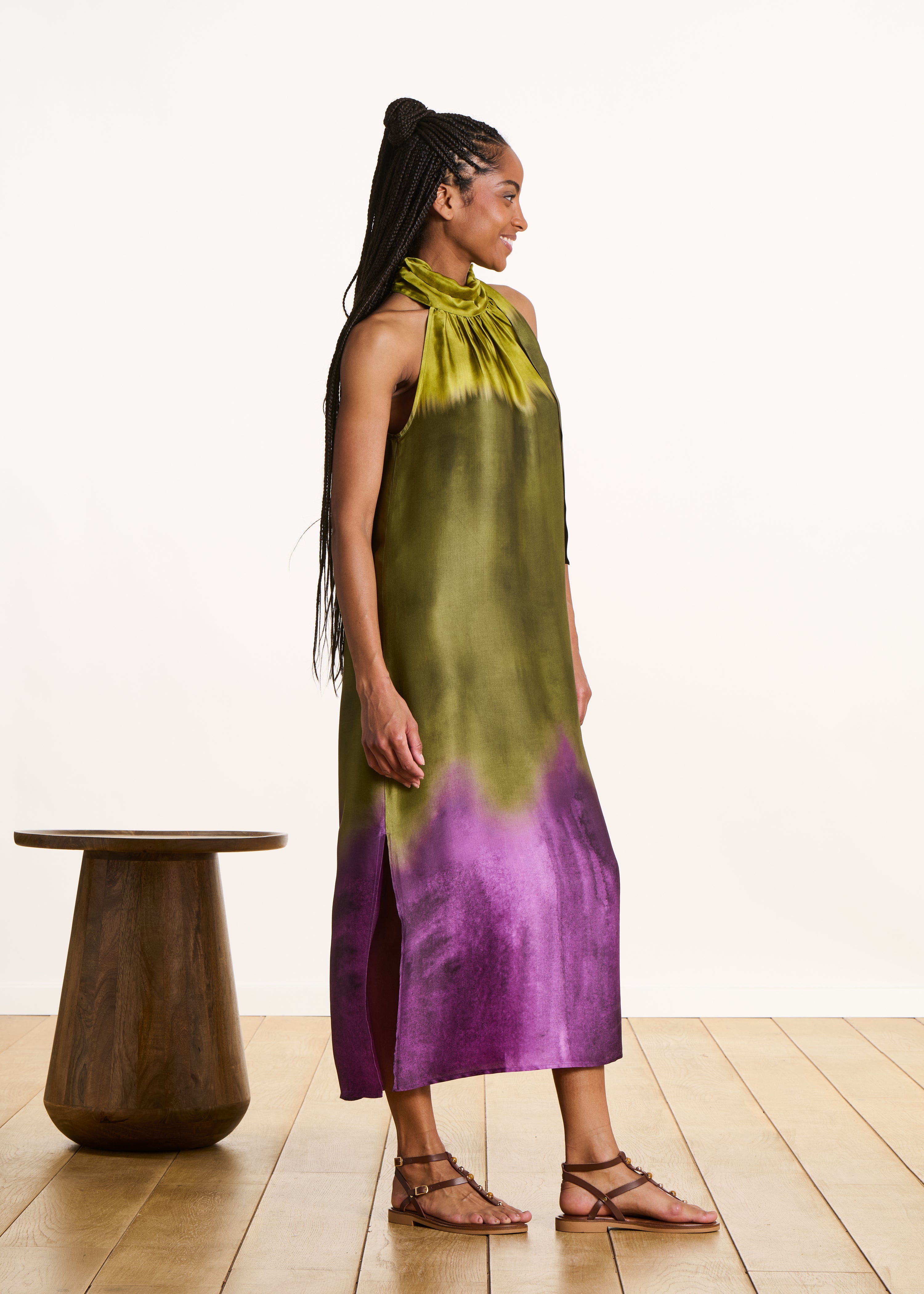 la-f-e-marabout-e-filoni-maxikleid-satin-gr-n-tie-dye-schlitz image 2