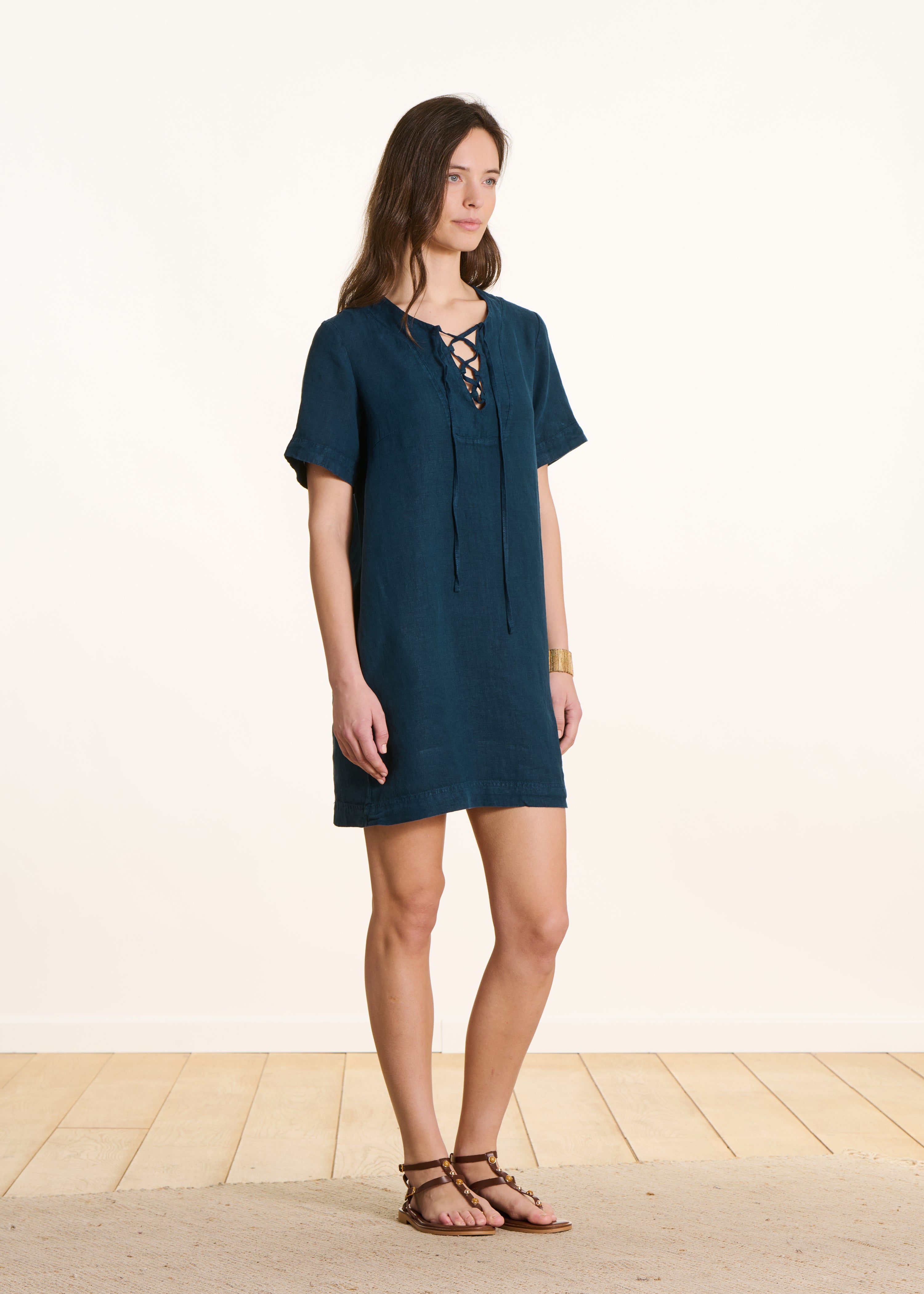 la-f-e-marabout-e-kleid-petrol-kurz-leinen-taschen-gr-34-46 image 2