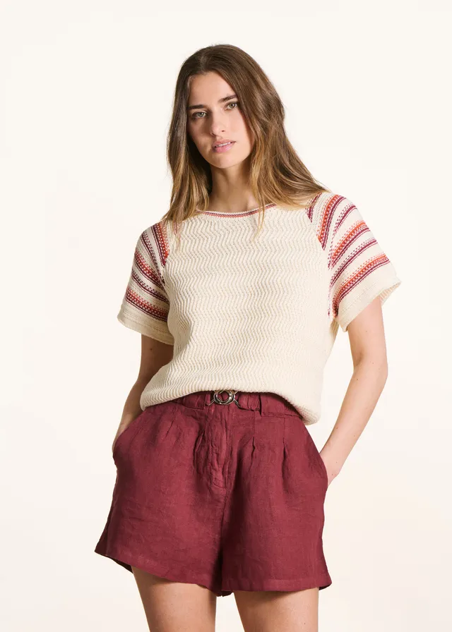 la-f-e-marabout-e-pullover-ecru-kurzarm-gestreift-baumwolle image 1
