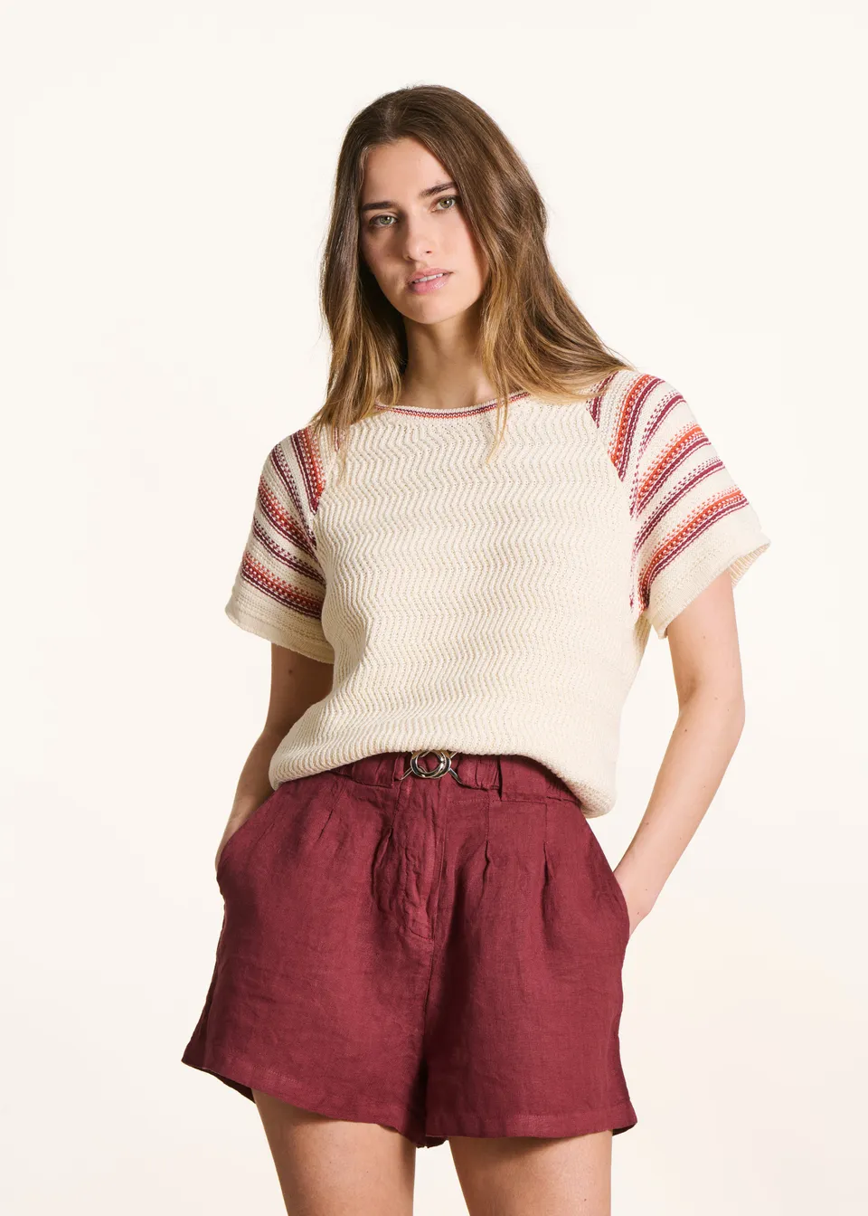 la-f-e-marabout-e-pullover-ecru-kurzarm-gestreift-baumwolle image 1